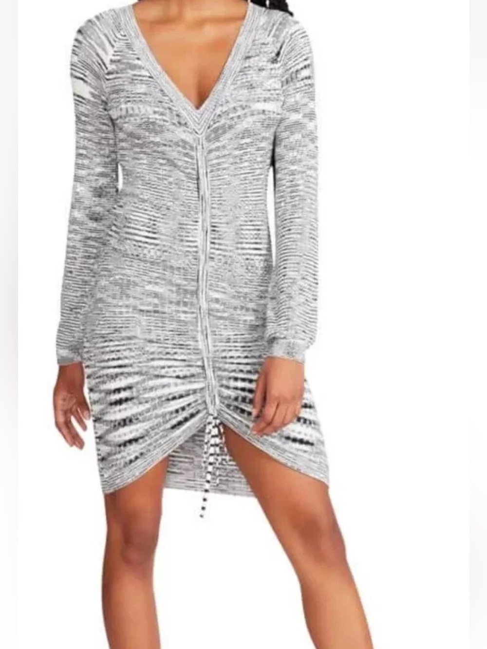 Steve Madden White V-Neck Ruched Drawstring Long Sleeve Mini Dress